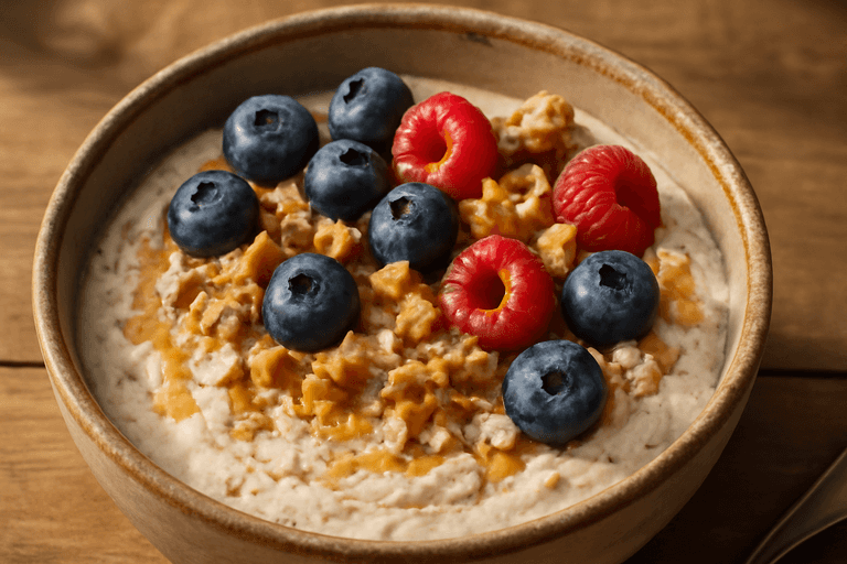 Proteinreiches Frühstücks-Quarkbowl mit Beeren & Nüssen
