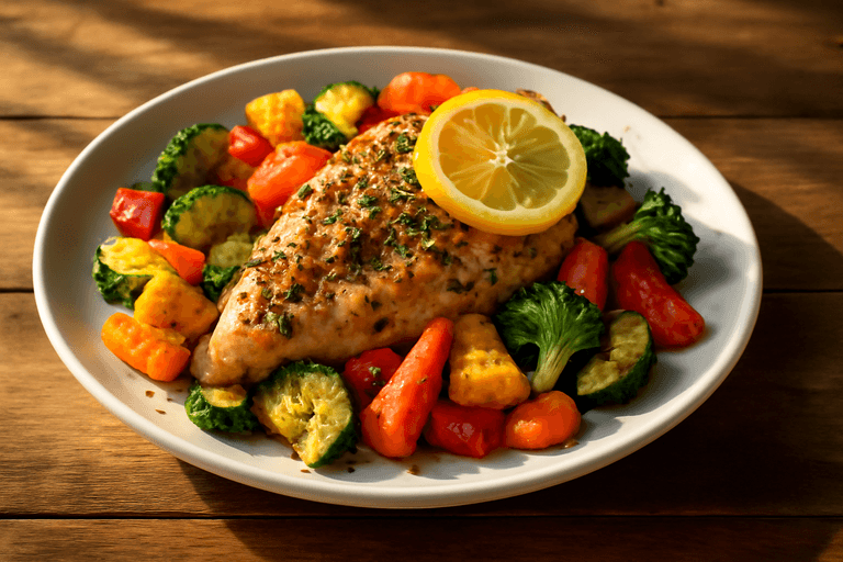 Leichtes Zitronen-Kräuter-Hähnchen mit Ofengemüse