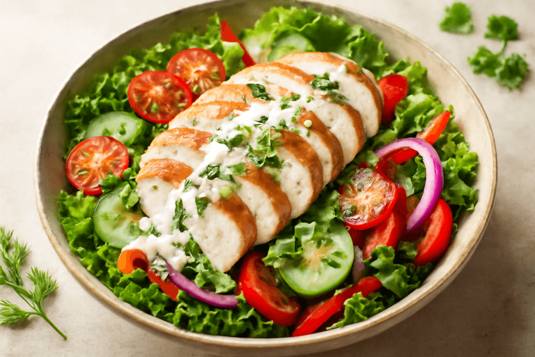 Salată clasică de pui cu legume proaspete și dressing ușor de iaurt