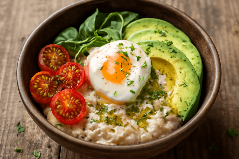Bol de petit-déjeuner équilibré à l’avocat, œuf poché et flocons d’avoine