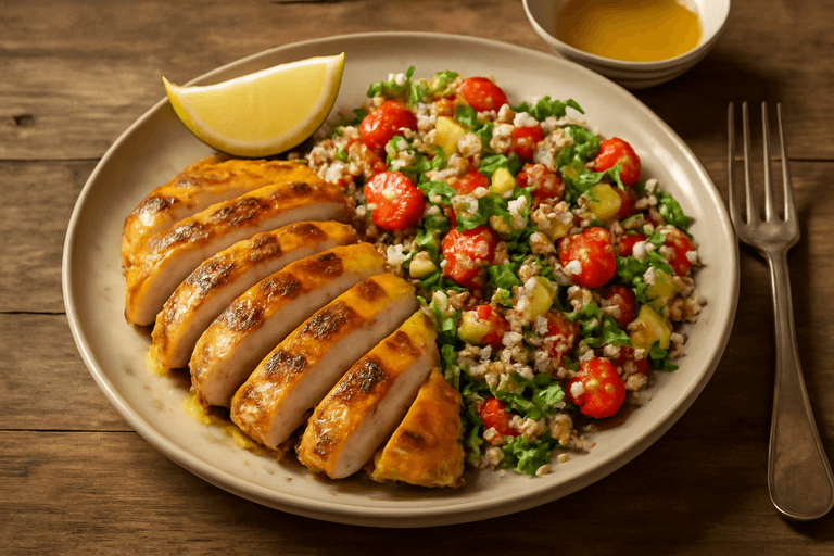 Piept de pui la grătar cu salată energizantă de quinoa și legume