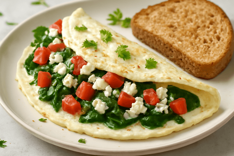 Белтъчен омлет с спанак и домати