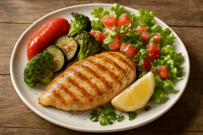 Куриная грудка с овощами на гриле и свежим салатом
