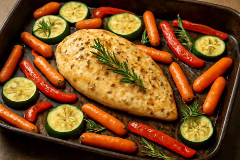 Леко пилешко филе със сезонни зеленчуци на фурна