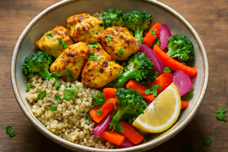 Пилешка купа с печени зеленчуци и киноа