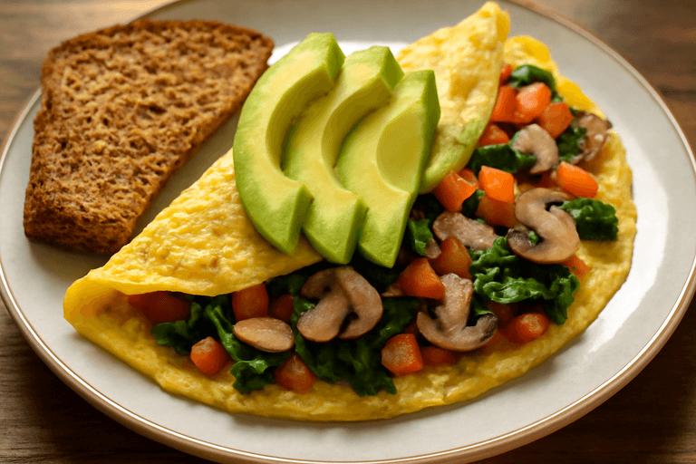 Omelette vegetal con aguacate y pan integral