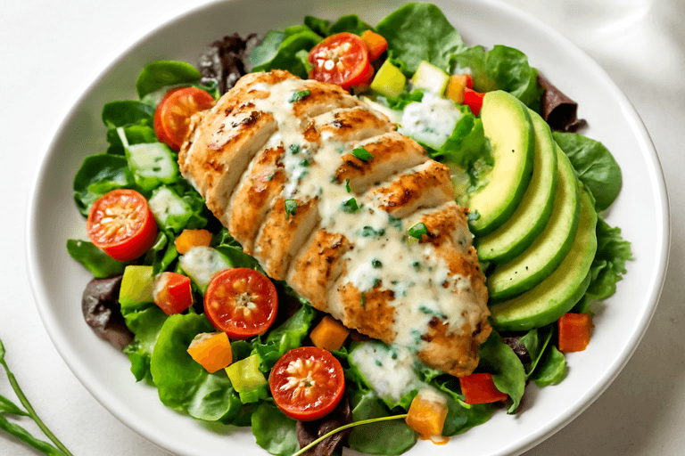 Leichter Hühnchen-Gemüse-Salat mit Zitronen-Joghurt-Dressing