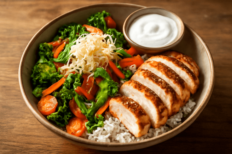 Power-Hähnchen-Bowl mit Reis und Gemüse