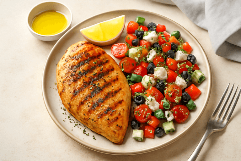 Piept de pui la grătar cu salată mediteraneană fresh