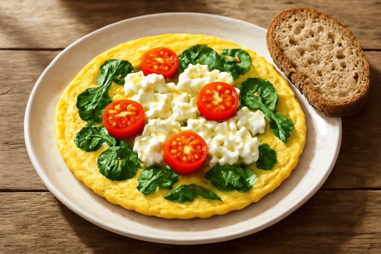 Omletă fresh cu spanac, roșii cherry și brânză de vaci