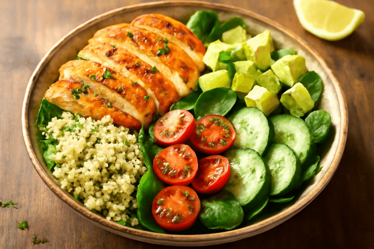 Salată caldă de pui cu avocado și quinoa