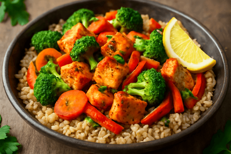 Hähnchen-Gemüsepfanne mit Vollkornreis