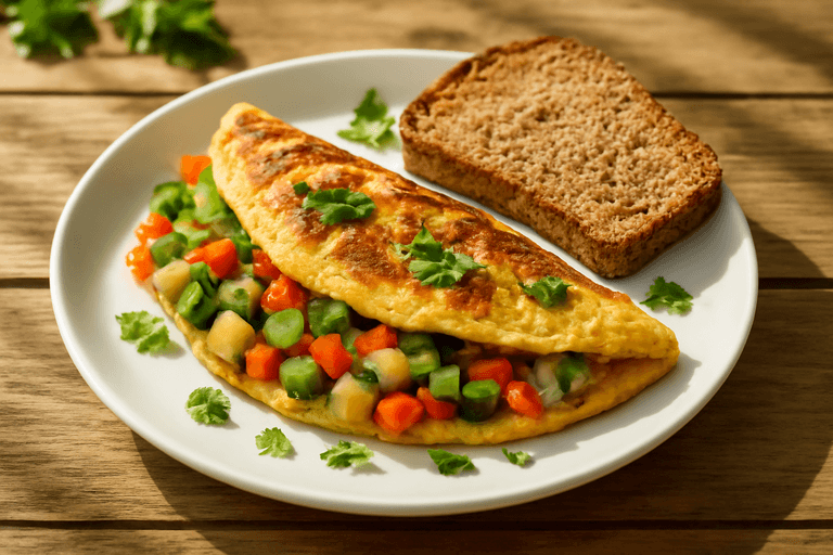 Herzhaftes Gemüse-Omelett mit Vollkornbrot