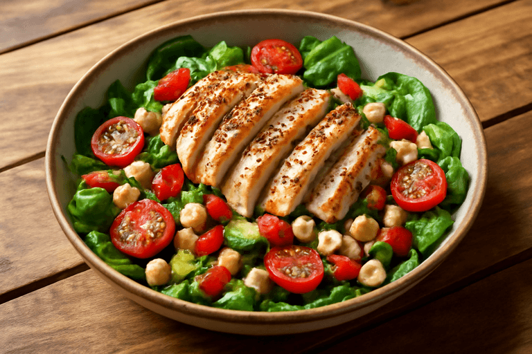 Salată de Pui Mediteraneană cu Năut și Legume proaspete