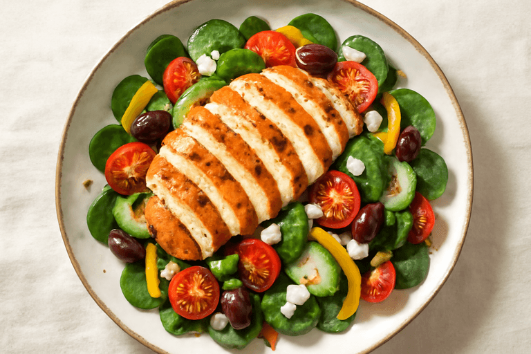 Piept de pui la grătar cu salată mediteraneană vibrantă