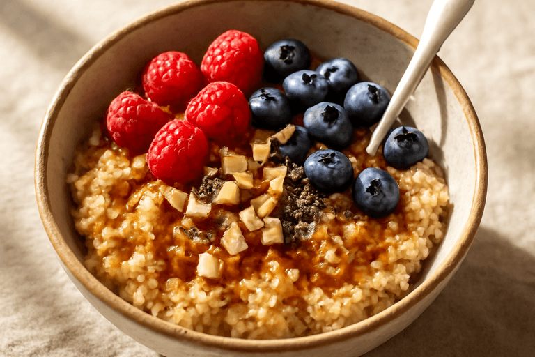 Proteinreiches Veganes Frühstücks-Quinoa mit Beeren und Mandeln