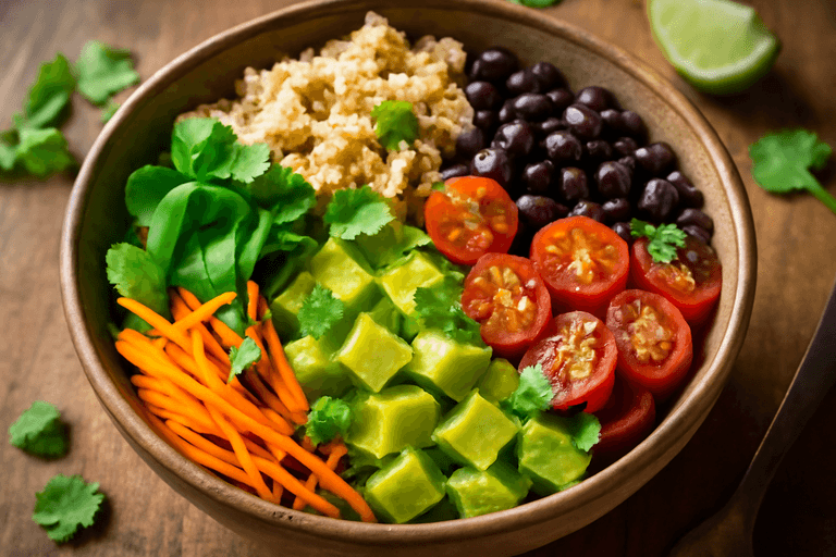 Veganer Quinoa-Bohnen-Bowl mit Avocado und Limetten-Dressing