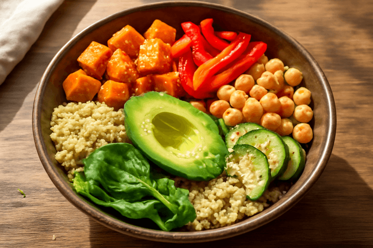 Bunte Quinoa-Bowl mit geröstetem Gemüse & Avocado