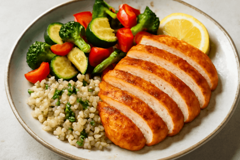 Hähnchenbrust mit buntem Gemüse und Vollkornreis