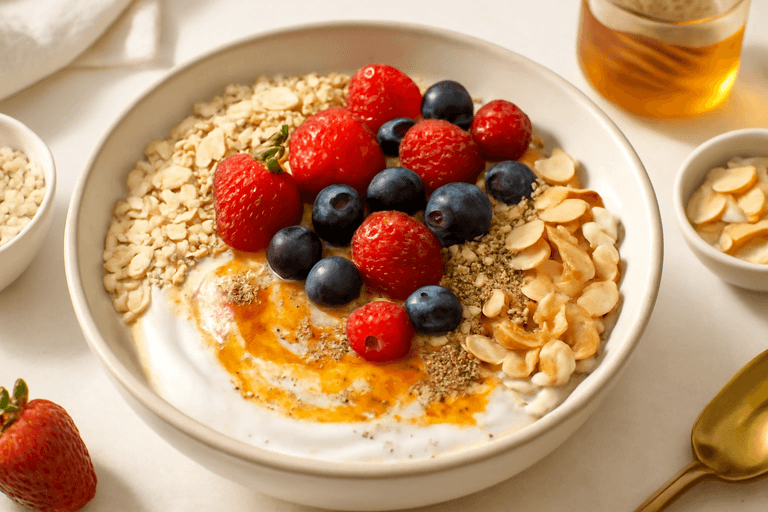 Bol d’avoine énergisant aux fruits rouges et yaourt grec