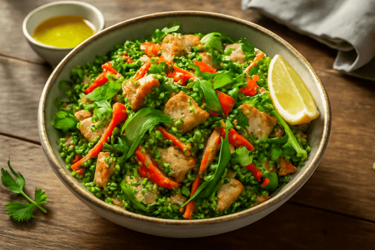 Salade tiède de poulet au quinoa et légumes croquants