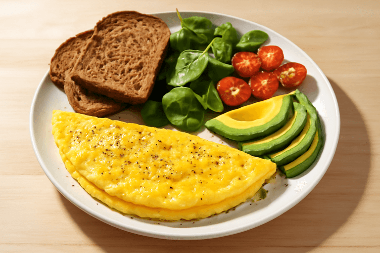 Mic dejun clasic cu omletă sănătoasă și legume proaspete