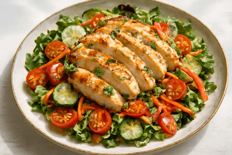 Salată de pui cu legume proaspete și dressing ușor de iaurt