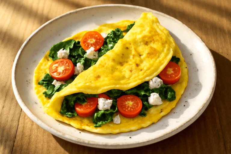 Omletă fresh cu spanac și roșii cherry