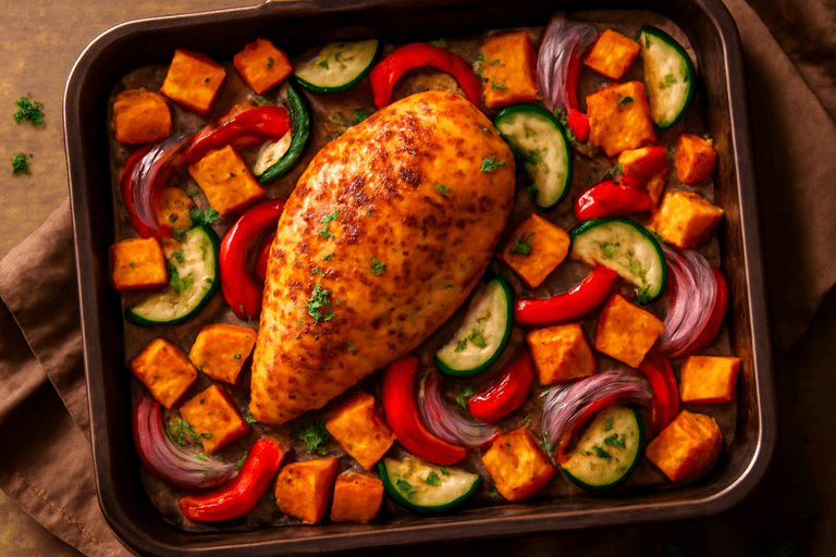 Knapperige kipfilet met geroosterde groenten en zoete aardappel