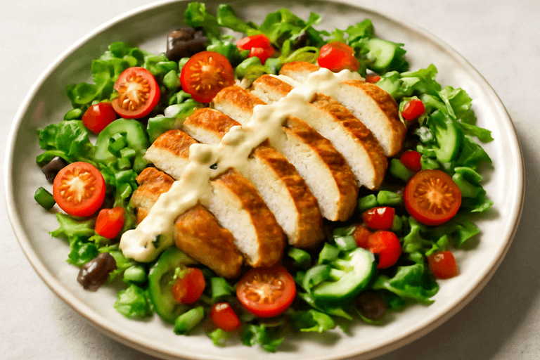 Piept de pui la grătar cu salată de legume proaspete și dressing light