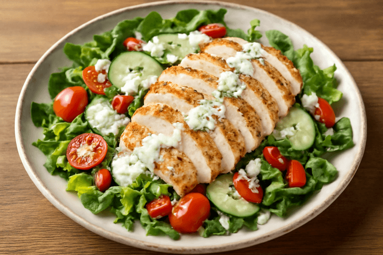 Piept de pui la grătar cu salată de legume proaspete și dressing de iaurt
