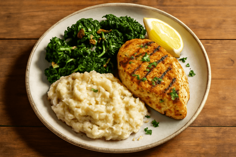 Pollo a la plancha con puré rústico de papas y brócoli salteado