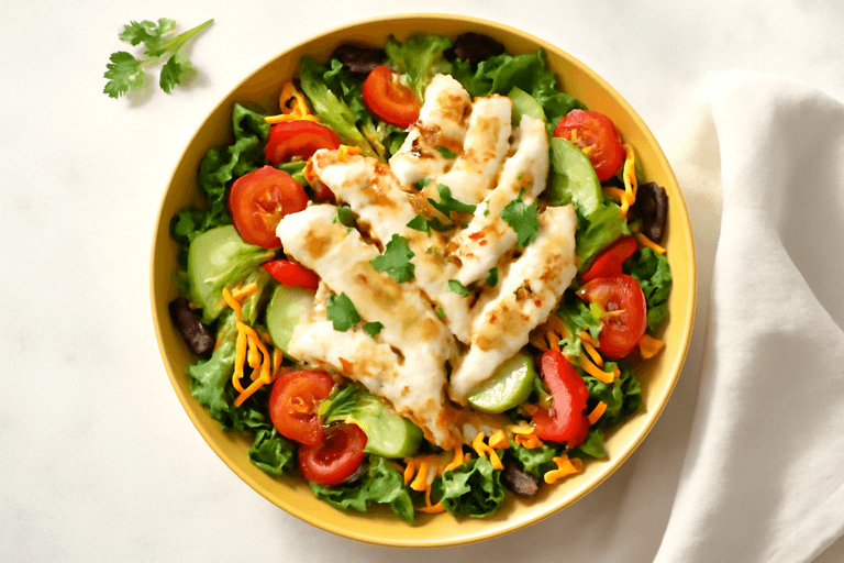 Salată de pui la grătar cu legume proaspete și dresing de iaurt