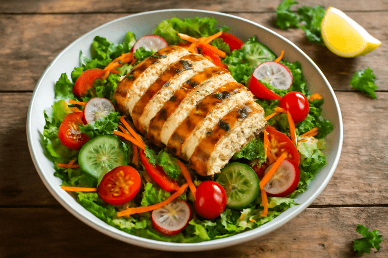Salade de poulet grillé aux légumes croquants et vinaigrette légère