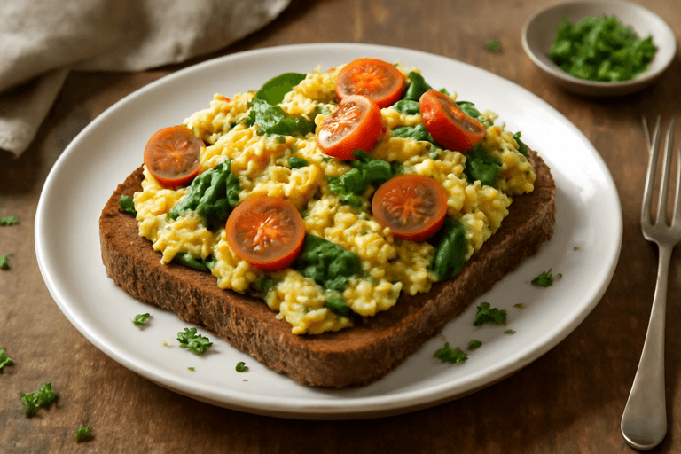 Proteinrik äggröra med spenat och tomat