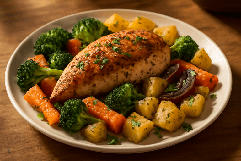 Ofenhähnchen mit buntem Gemüse und Kräuterkartoffeln