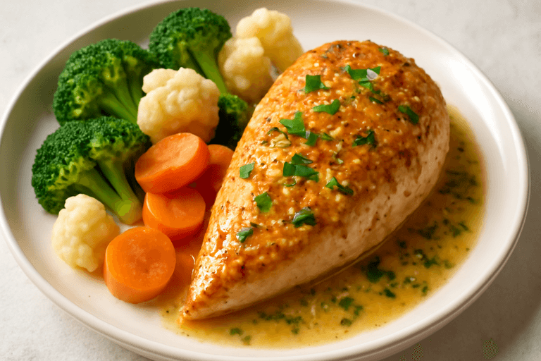 Куряча грудка під лимонно-трав'яним соусом з овочами на пару