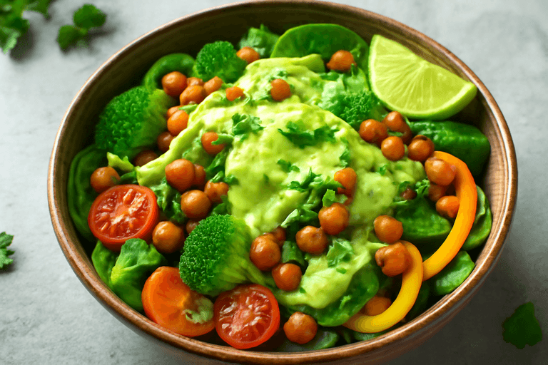 Gerösteter Kichererbsen-Gemüsesalat mit Avocado-Dressing