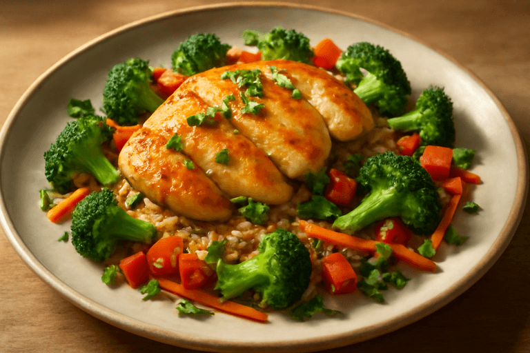 Hähnchen-Gemüsepfanne mit Vollkornreis