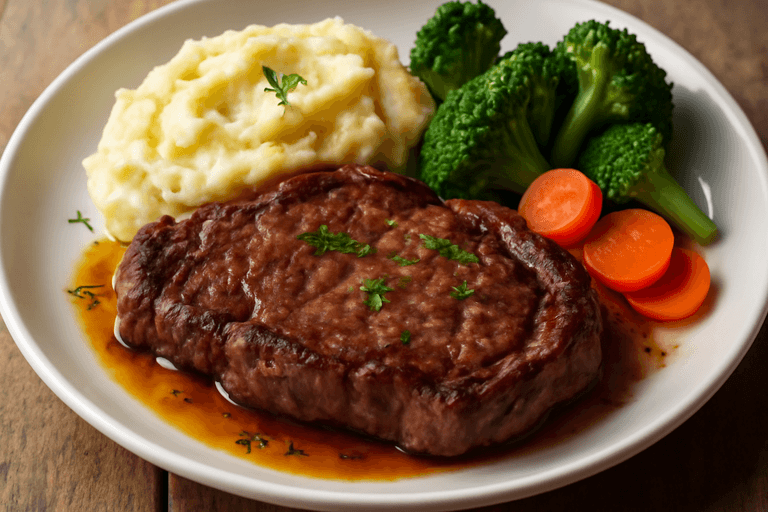 Питательный классический стейк с картофельным пюре и овощами