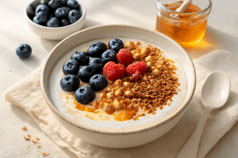 Frühstücks-Quark-Bowl mit Beeren und Nüssen