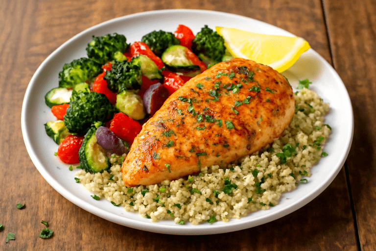 Lean Grilled Chicken with Roasted Vegetables & Herbed Quinoa