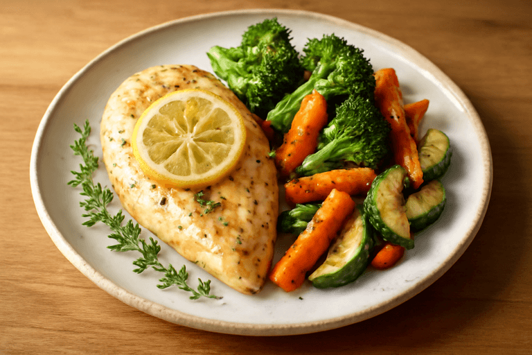 Leichtes Zitronen-Kräuter Hähnchen mit Ofengemüse