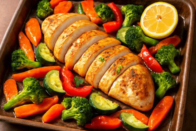 Piept de pui la cuptor cu legume colorate