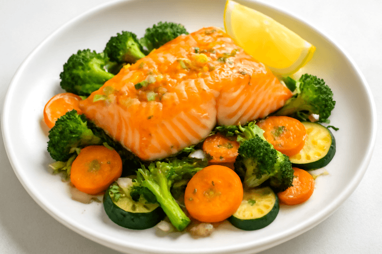 Lätt ugnsbakad lax med grönsaker och citron