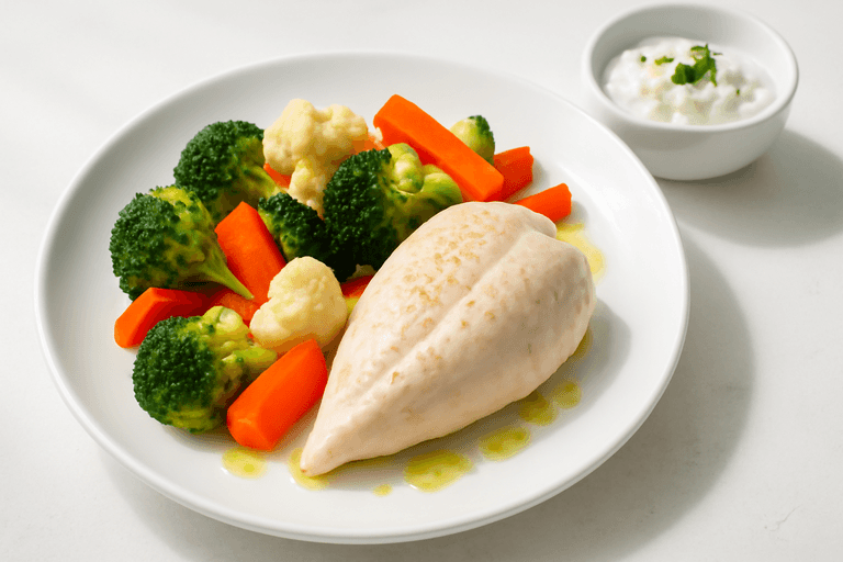 Куриное филе с овощами на пару и греческим йогуртом