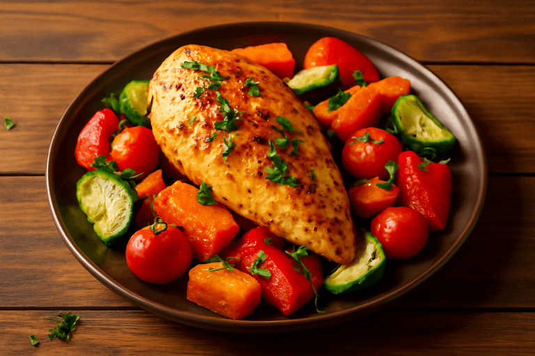 Запечённая куриная грудка с ароматными овощами
