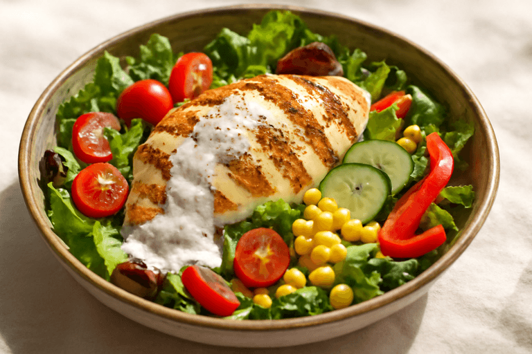 Salată clasică de pui cu legume proaspete și sos de iaurt