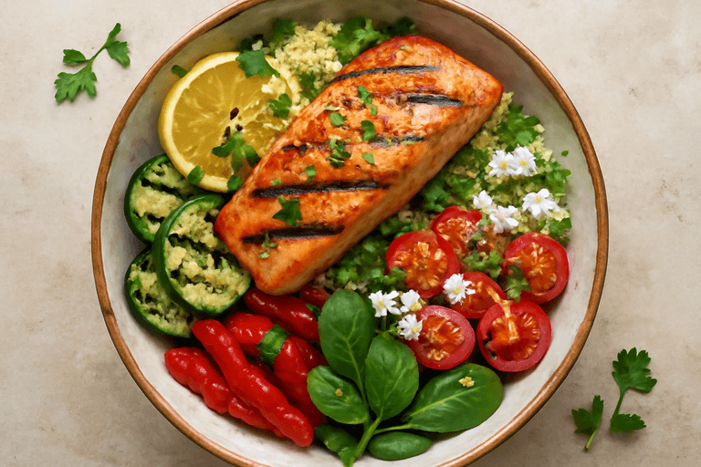 Mediterranean Grilled Salmon Bowl with Quinoa & Veggies