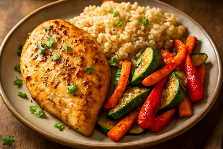 Peito de Frango Grelhado com Quinoa e Legumes Assados